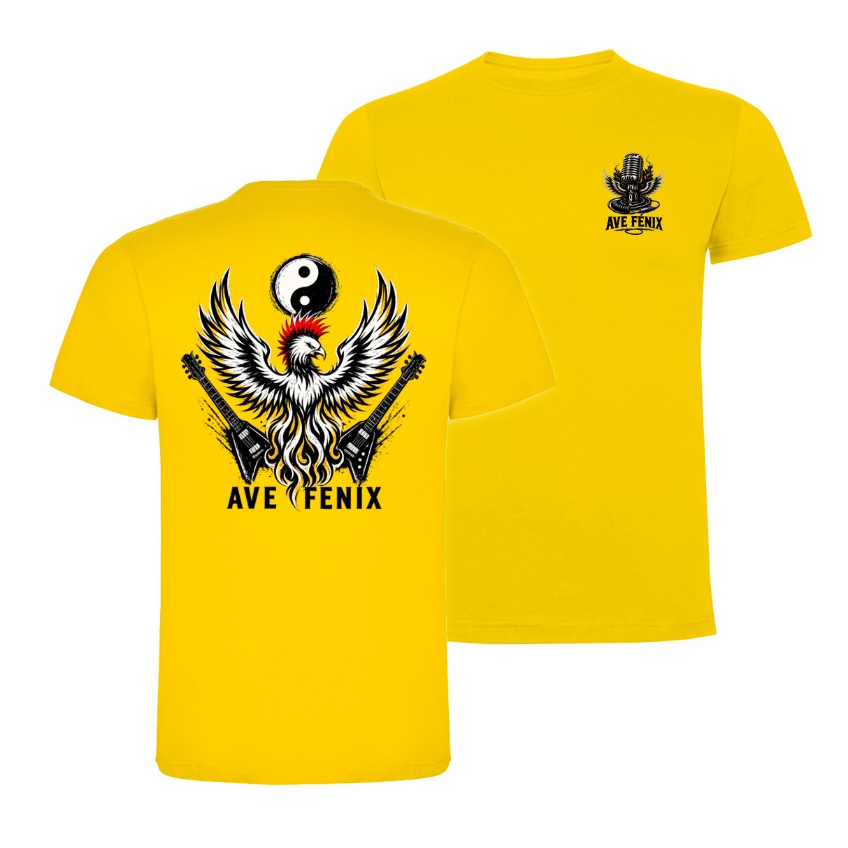 Camiseta amarilla oficial de Ave Fénix Podcast, vista delantera y trasera