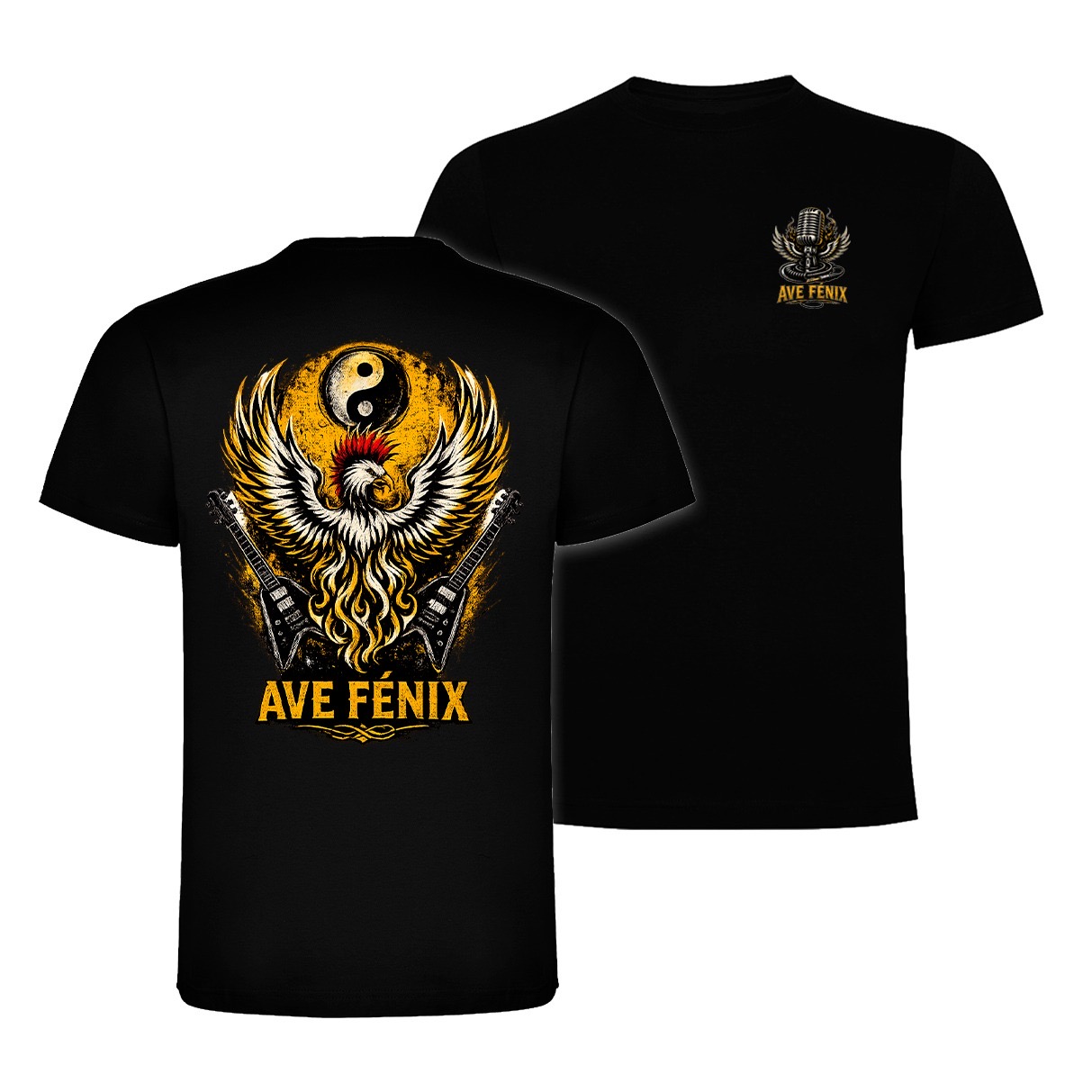 Camiseta negra oficial de Ave Fénix Podcast, vista delantera y trasera